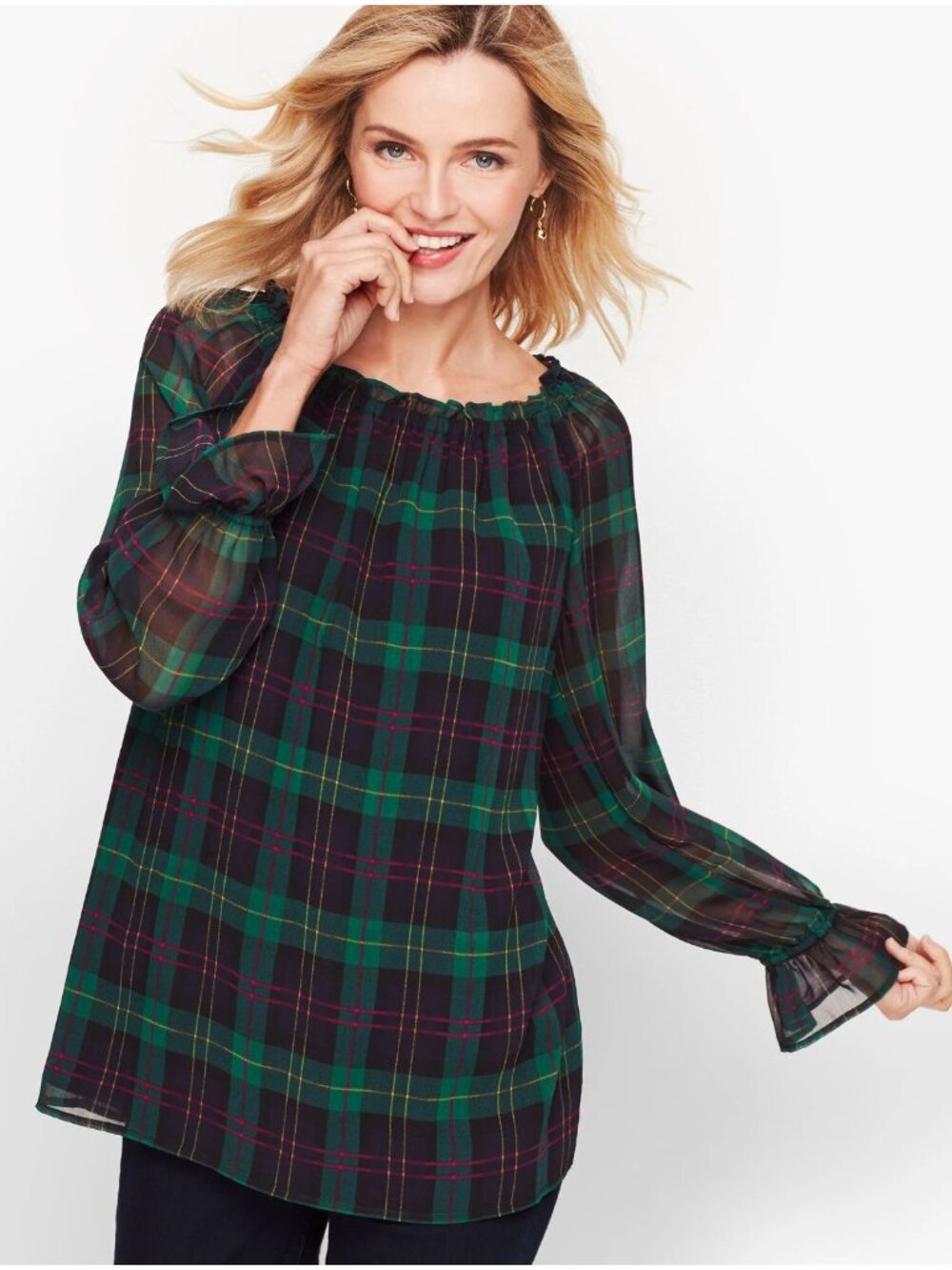 Talbots Petite Womens Size SP Small Long Sleeve Tartan Plaid Popover‎ Blouse 480